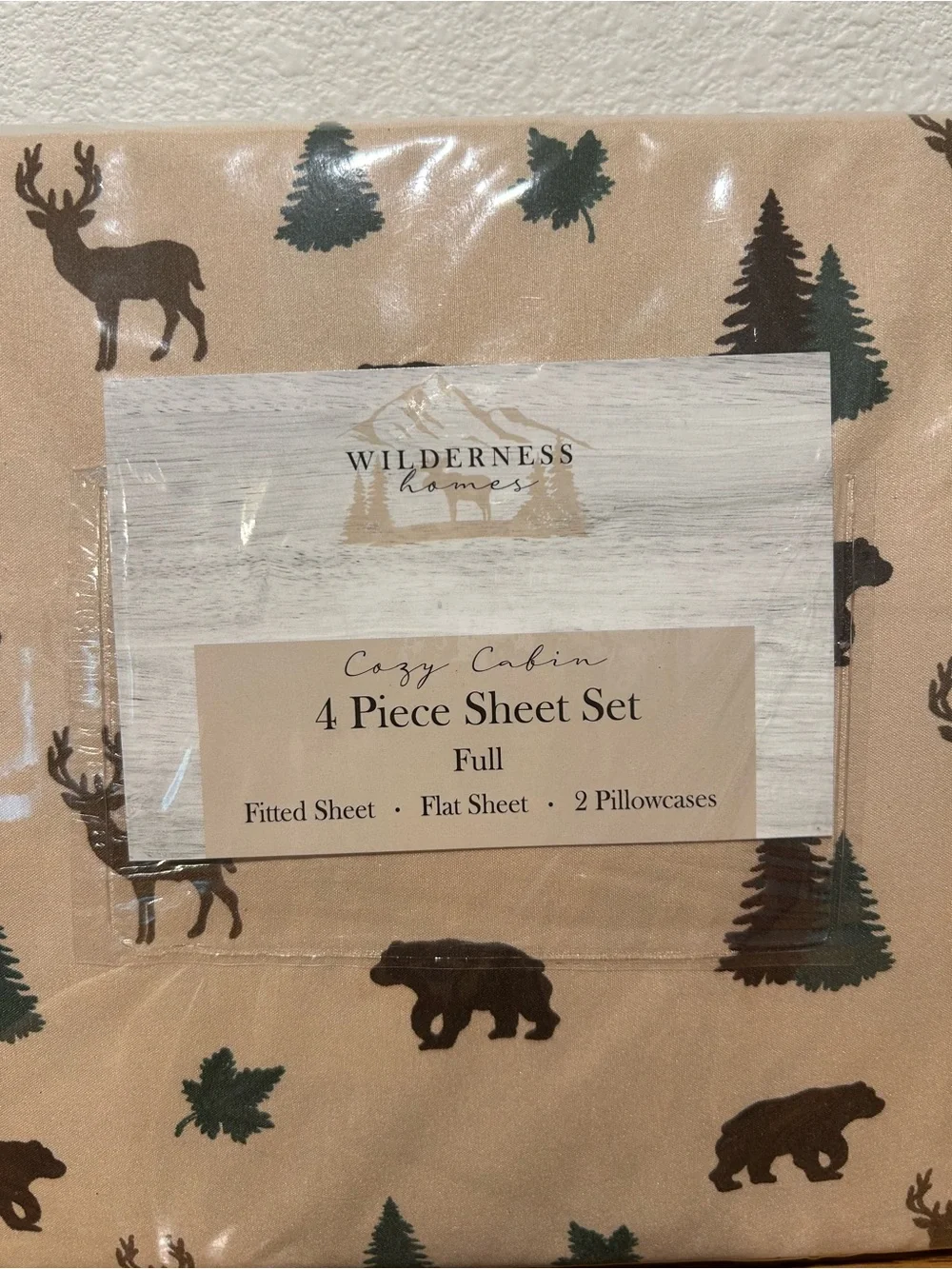 Cozy Cabin Full Sheet Set in Tan with Forest Print